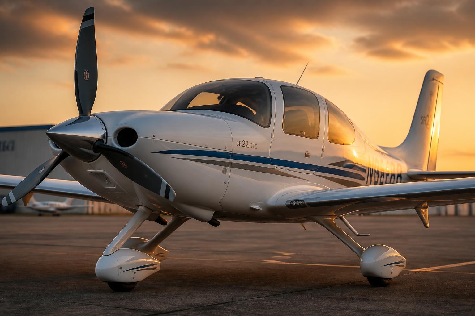 Single-engine aircraft on tarmac at golden hour